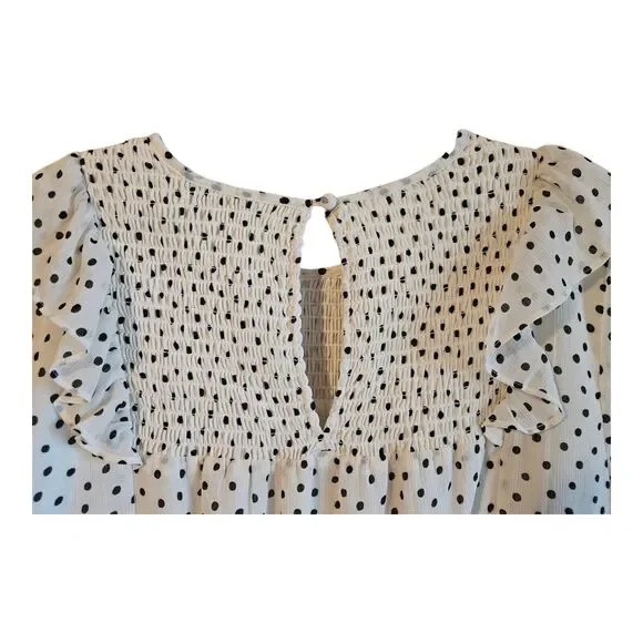 MADEWELL Women S Shift Dress Polka Dot Cream White & Black Smocked Ruffles Midi - Picture 9 of 10